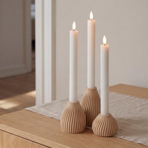 Ensemble de 3 porte-bougies coniques en bois texturé beige, style nordique minimaliste, faits à la main, pour la décoration de la maison, centre de table, lanternes - Product Image 4