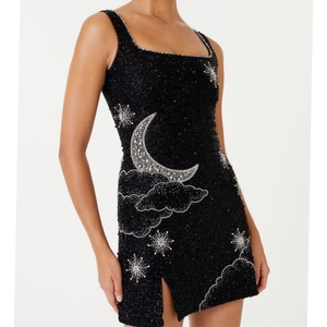 Handmade Beaded Moon Cloud Star Pattern Short Dress Black Velvet Fabric Women Sleeveless Evening Party Wear Clothing Garment - Product Image 1
