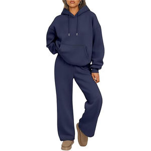 Ensemble de survêtement pour femme en coton épais, deux pièces, uni, coupe ample et oversize, avec sweat à capuche - Product Image 1