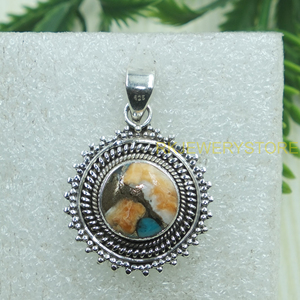 925 Sterling Silver Orange Copper Turquoise Pendant Round Vintage Boho Handmade Statement Jewelry Gift for Women <b>Girlfriend</b> her - Product Image 3