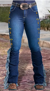 TRIBON SPORTS Jeans de mezclilla de mujer de cintura alta, pierna recta, sin elasticidad, corte regular, largo completo, casual, de verano, con logo en la cintura y efecto lavado a la piedra. - Product Image 4