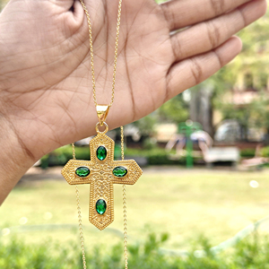 Designer cross necklace oval cut emerald quartz multi gemstone pendant necklace 18k gold plated solid brass wholesale necklace - Product Image 5