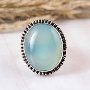 Vintage 925 <b>Silver</b> Aqua Chalcedony <b>Ring</b> Handmade Boho <b>Statement</b> Jewelry Wholesale Natural Stone Wide Band <b>Rings</b> - Product Image 1