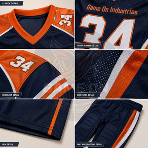 Private Label Navy Blue & Orange Custom American Football Game Uniform OEM ODM High Quality Jersey With Padded Football Pants - Product Image 6