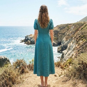 Vestido Midi de Algodón Orgánico Vintage, Transpirable, Teñido Liso, Hecho a Mano, con Lazo, Cuello en V, Manga Corta, Cintura Alta, Casual, para Playa - Product Image 2