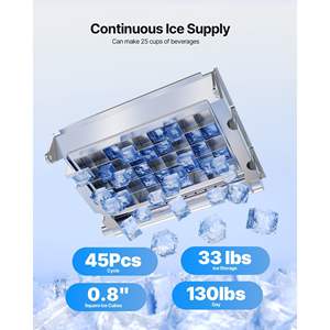 Commercial Kitchen Equipment Freestanding <b>Counter</b> <b>Ice</b> <b>Maker</b> Machine 130Lbs/24H Pump 33Lbs Storage 45 Cubes Per Cycle LED Display - Product Image 2