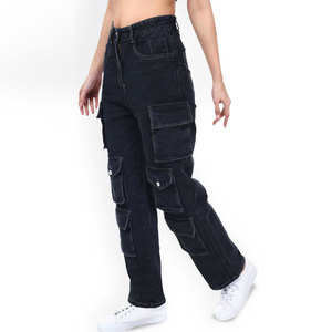 High Waist Dark Wash Cargo <b>Pants</b> Women's Casual Full Length Loose Fit Denim Jeans With Multiple Pockets Button Fly - Product Image 5