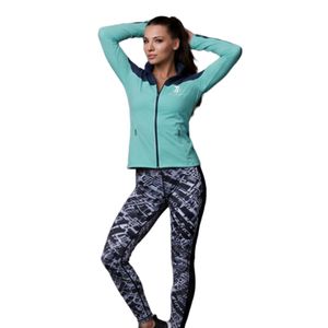 Conjunto Deportivo para Mujer, Chaqueta Deportiva con Cierre Completo en Azul Marino y Aqua, y Leggings Estampados de Cintura Alta - Product Image 3