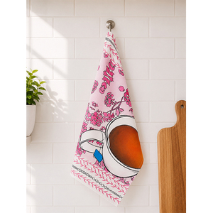Essuie-tout en coton imprimé, motif floral rose avec illustration de tasse à café, torchon de cuisine décoratif - Product Image 1