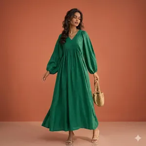 Bohemian Green Plain Cotton Linen Maxi <b>Dress</b> With V-Neck <b>Loose</b> Fit Full Sleeve Boho Style Summer Casual <b>Dress</b> For Women - Product Image 3