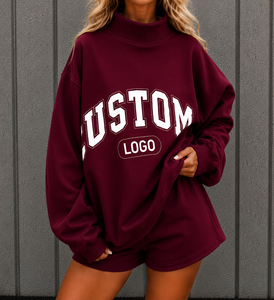 Sweat-shirt oversize à col rond pour femme, style streetwear, broderie unie, logo personnalisé, manches régulières, tissu en polyester/coton éponge - Product Image 1