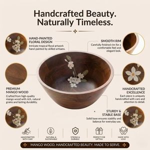Cuenco decorativo de madera hecho a mano con diseño floral incrustado, cuenco redondo rústico para frutas, centro de mesa grande de madera. - Product Image 5