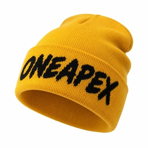Bonnet en tricot jaune personnalisé avec logo graphique ONEAPEX, unisexe, streetwear, chaud pour l'hiver, avec revers, fabricant - Product Image 1