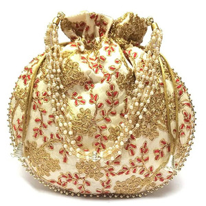 Bolso Potli de Seda Hecho a Mano en Rajastán, India, con Bordado Dorado en Forma de Silla de Montar, para Mujer, Novia, Bordado a Mano, para Dulces, Frutos Secos, para Fiestas - Product Image 5