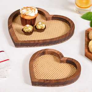 Premium Acacia Wood <b>Heart</b> Serving Tray with Woven Rattan Base for Modern Home and Kitchen Decor - Product Image 1
