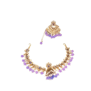24K Gold Plated Imitation Pearl and <b>Crystal</b> Necklace <b>Set</b> with Maang Tikka - Product Image 3