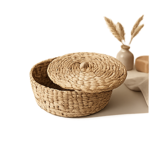 Handwoven Seagrass Vintage Storage <b>Basket</b> with Lid <b>Round</b> <b>Wicker</b> Organizer Folk Art Decoration - Product Image 4