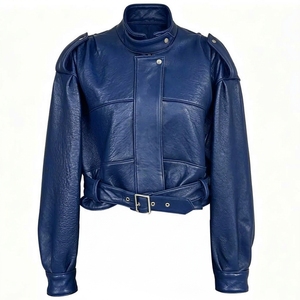 Chaqueta de Motociclista para Mujer TOFEN SPORTS, Azul, de Cuero Genuino, Transpirable, con Cinturón Ajustable, Cuello Alto, Manga Larga, Corte Regular - Product Image 1