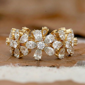 Bague de luxe pour femme en or massif 14K 18K, forme fleur et poire, avec diamants de laboratoire, bague florale entièrement sertie de diamants - Product Image 1