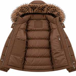 Manteau matelassé d'hiver marron pour femme en polyester tissé avec capuche en fourrure de raton laveur, ceinture à la taille, fermeture éclair, épais et matelassé, avec capuche amovible - Product Image 2