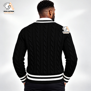 <b>Men's</b> Phi Beta Sigma Black Cable Knit V-Neck Sweater Embroidered Crest Front <b>Cardigan</b> Winter 100% Polyester Breathable - Product Image 2
