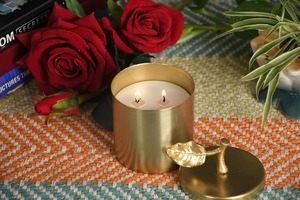 Modern design gold electroplated brass candle jar with lid leaf design <b>decorative</b> candle holder scented soy wax candle - Product Image 5