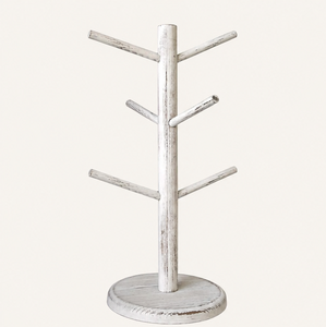 Rustic White Wooden Mug <b>Tree</b> Holder 6 Hook Coffee Cup <b>Stand</b> for Kitchen Countertop Organizer & Farmhouse Style Display Rack - Product Image 1