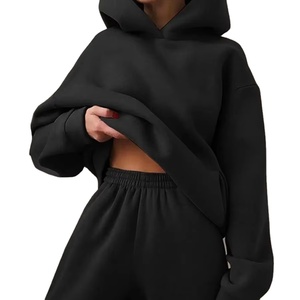 Conjunto de 2 piezas informal con hombros caídos de gran tamaño, sudadera de invierno, pantalones para correr, parches de encaje sólido, lona lavada - Product Image 4