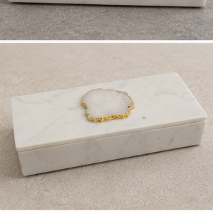 Plateau de rangement rectangulaire en marbre blanc avec incrustation d'agate à bords dorés, boîte décorative moderne pour table de salon - Product Image 2