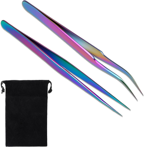 Pinzas de Precisión para Pestañas de Acero Inoxidable con Punta Suave y Acabado Arcoíris, con Bolsa con Cordón, Profesionales para Extensión de Pestañas y Cejas - Product Image 1