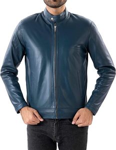 Chaqueta de Cuero Genuino para Hombre, Cuello Alto, Cierre Frontal con Cremallera, Color Azul Oscuro, Corte Ajustado, Prendas en Colores de Moda, Precio al por Mayor - Product Image 2