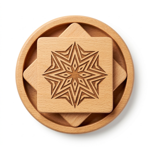 Juego de Posavasos Cuadrados de Madera de Haya Hechos a Mano con Soporte, Acabado Natural, Patrón de Estrella Geométrica, Estilo Moderno Rústico, para Bebidas Frías/Calientes, Bodas, Diwali - Product Image 1