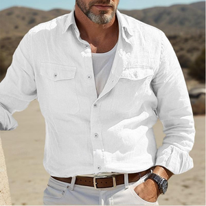 <b>Men</b>’s Long Sleeve Cotton Linen Summer <b>Shirt</b> Solid Color Lapel Casual <b>Beach</b> Street Wear Top - Product Image 4