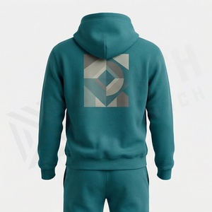 Ensemble de survêtement décontracté pour homme, vert sarcelle, à capuche, imprimé géométrique, manches longues, 100 % coton, poids moyen, pour l'automne - Product Image 2