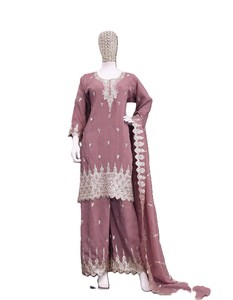 Salwar Kameez Traditionnel Moderne pour Femme en Soie Brodé Longueur Genou Coupe Classique Indien Pakistanais pour Mariage Fête Été Hiver - Product Image 3