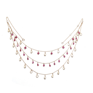 <b>Ruby</b> and Rainbow Moonstone Triple-Layer <b>Necklace</b> in Solid 18K Yellow Gold Bezel Set Pear and Round Gemstone Cascading Chain - Product Image 3