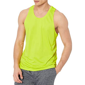 Débardeur sans manches pour homme, jaune fluo, col rond, respirant, en polyester tissé, couleur unie, coupe décontractée et sportive, idéal pour l'été et l'entraînement, avec logo frontal - Product Image 1