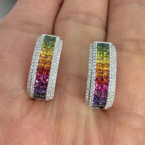 Pendientes de Aro con Zafiros Arcoíris, Oro de 14K y 18K, Pendientes Huggie con Diamantes y Piedras Preciosas Multicolores, Joyería Fina de Lujo para Mujer - Product Image 1