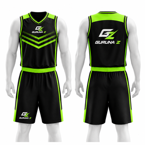 Ensemble de maillot de basket-ball Guruna Z noir et lime, sans manches, col en V, respirant, anti-transpiration, 100% polyester, vêtements de sport unisexes - Product Image 1