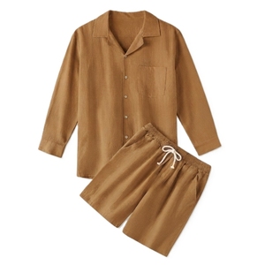 Ensemble de vêtements de nuit en lin pour homme, chemise de pyjama à manches longues boutonnée et short à cordon de serrage, respirant, décontracté, vêtements de maison - Product Image 1