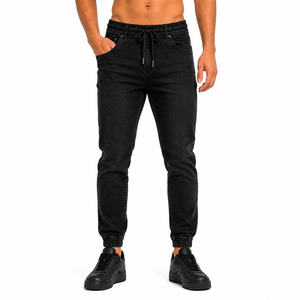Men's Black High <b>Waist</b> Slim Fit Denim <b>Jeans</b> With Drawstring <b>Elastic</b> <b>Waist</b> And Cuffed Ankle Casual Style Autumn Wear - Product Image 1