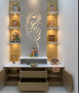 Modern <b>Mandir</b> in Peacock Feather Design Wooden Pooja Cabinet With Storage Drawers Teak Wood Pooja Ghar For Prayer Room Australia - Product Image 4