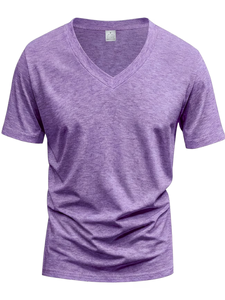 Men's V-Neck Short Sleeve Solid for Cotton Casual T-Shirt Regular Fit Breathable Enzyme Wash Jersey Fabric 180g Eco-Friendly - Product Image 3