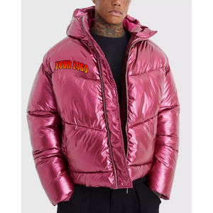 Chaqueta Acolchada Rosa Metálica Brillante Personalizada OEM para Hombre, Abrigo con Capucha para Invierno, Bordado Frontal, Impermeable, Cortavientos, Ropa Exterior de Lona - Product Image 1