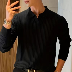 เสื้อถักลายริบบ์ผู้ชายสุดหรู แขนยาว ผ้าเนื้อแน่น ทรงเข้ารูป สไตล์ลำลอง คอวี ยืดหยุ่นสูง ผลิตตามแบบ ODM น้ำหนักเบา - Product Image 2