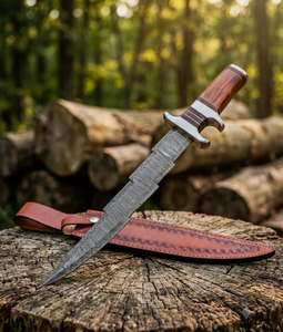Cuchillo Bowie de Acero de Damasco OEM Imperial Enterprises con Mango de Madera, Hoja de Punta Caída y Borde Recto de 0.6mm de Grosor, Funda de Cuero - Product Image 1