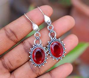 Boucles d'oreilles pendantes en grenat naturel facetté, style Art Déco, plaqué argent, certifiées IGI, pierres précieuses de caractère, pour soirée, cadeau - Product Image 1