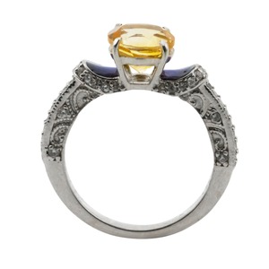 Elegant Vintage 925 <b>Silver</b> Rhodium Plated Amethyst <b>Statement</b> <b>Ring</b> with Blue Side Detail CZ Pave Band Bezel Setting - Product Image 3