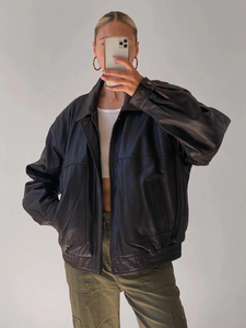 90s Vintage <b>Womens</b> Oversized 100% Genuine Leather Waterproof <b>Jacket</b> Straight Fit Retro Casual <b>Spring</b> Autumn Winter - Product Image 1
