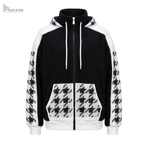 Sweat à capuche zippé unisexe en molleton 100% coton épais personnalisé, noir et blanc, motif pied-de-poule avec strass, poche kangourou - Product Image 1